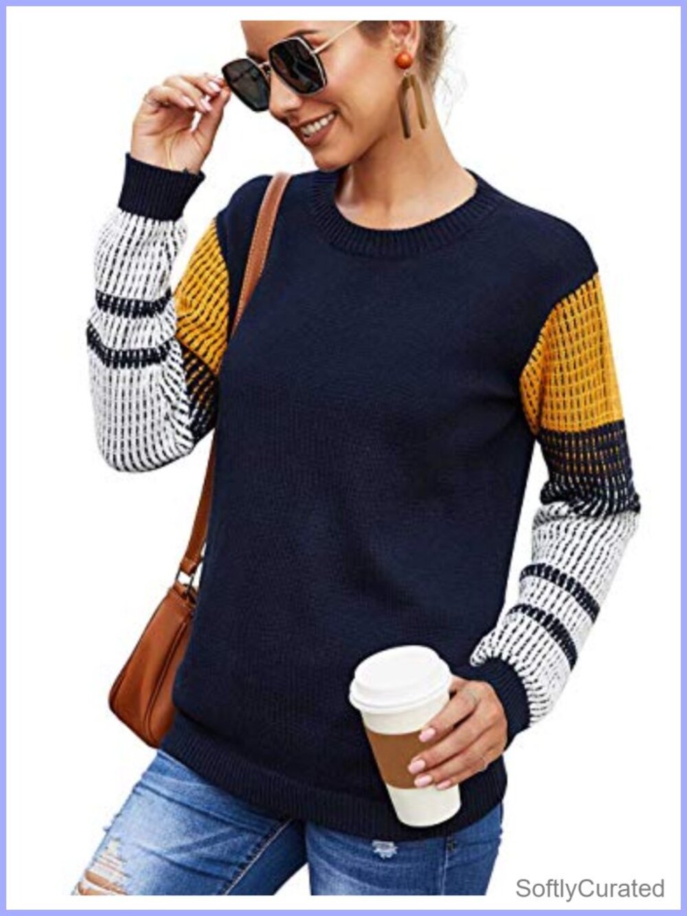 Women's Contrast Sleeve Knit Pullover Sweater Long Sleeve Crewneck